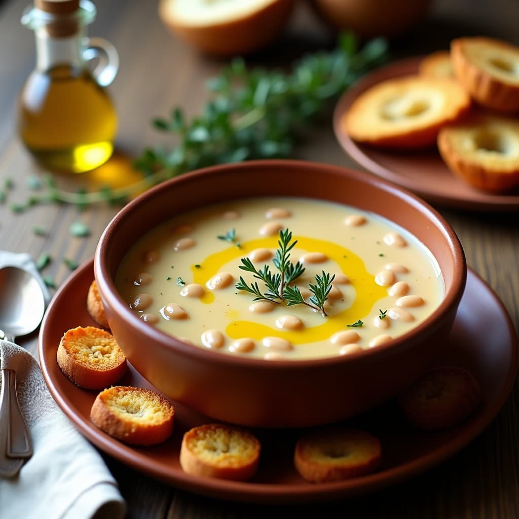 Sopa de Frijoles Blancos y Tomillo con Crutones de Pan de Almendra: Receta Griega en Olla Exprés