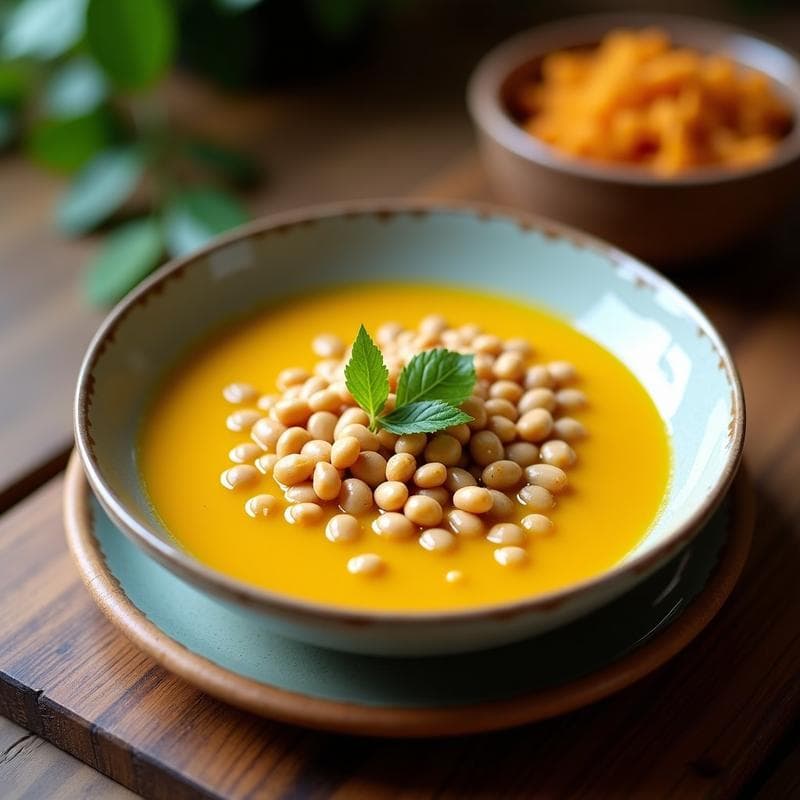 Sopa de Frijoles Mungo y Cúrcuma con Crujiente de Coco: Receta Filipina Antiinflamatoria