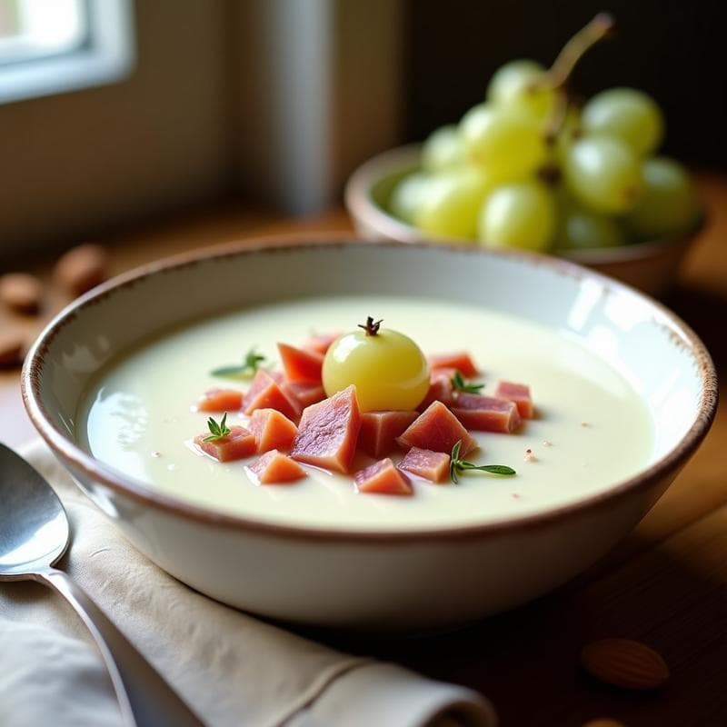Sopa de Gazpacho Blanco con Uvas y Jamón Serrano: Receta Española Refrescante y Sin Cocción