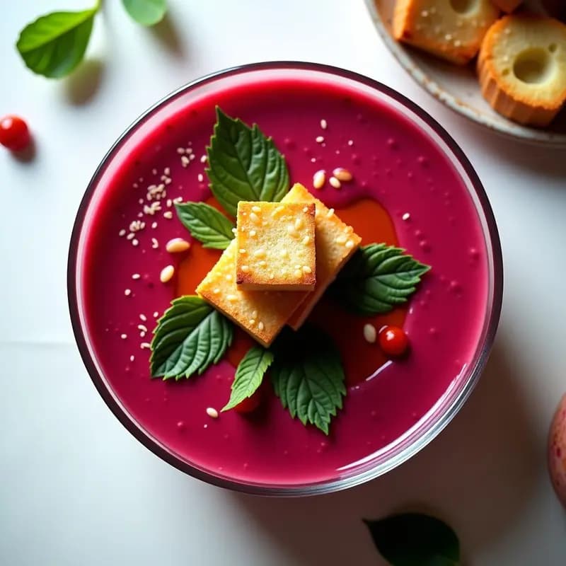 Sopa de Gazpacho de Remolacha y Manzana Verde con Toque de Jengibre y Crutons de Centeno