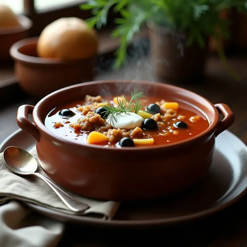 Sopa de Hamburguesa Rusa (Solyanka): Receta Contundente con Carnes y Encurtidos