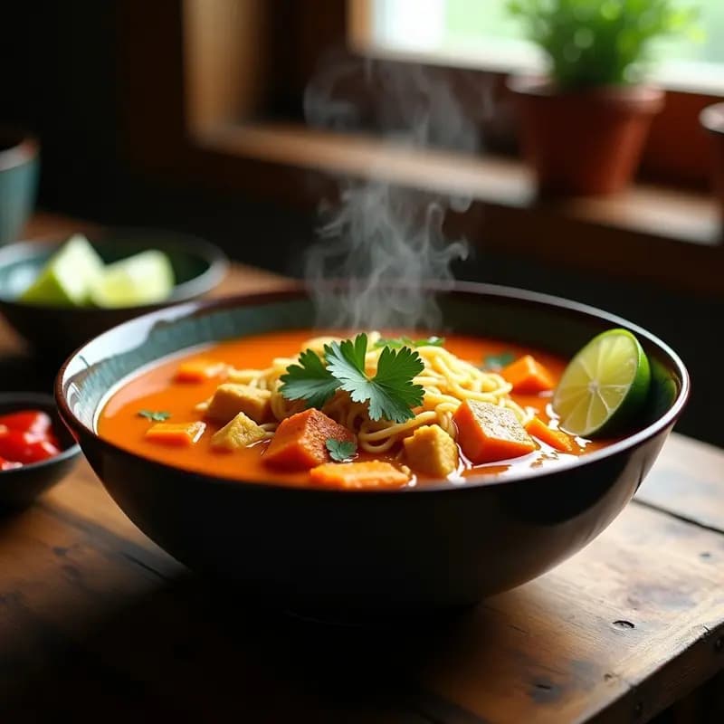 Sopa Laksá de Curry Rojo y Calabaza: Receta Malasia Vegana y Reconfortante
