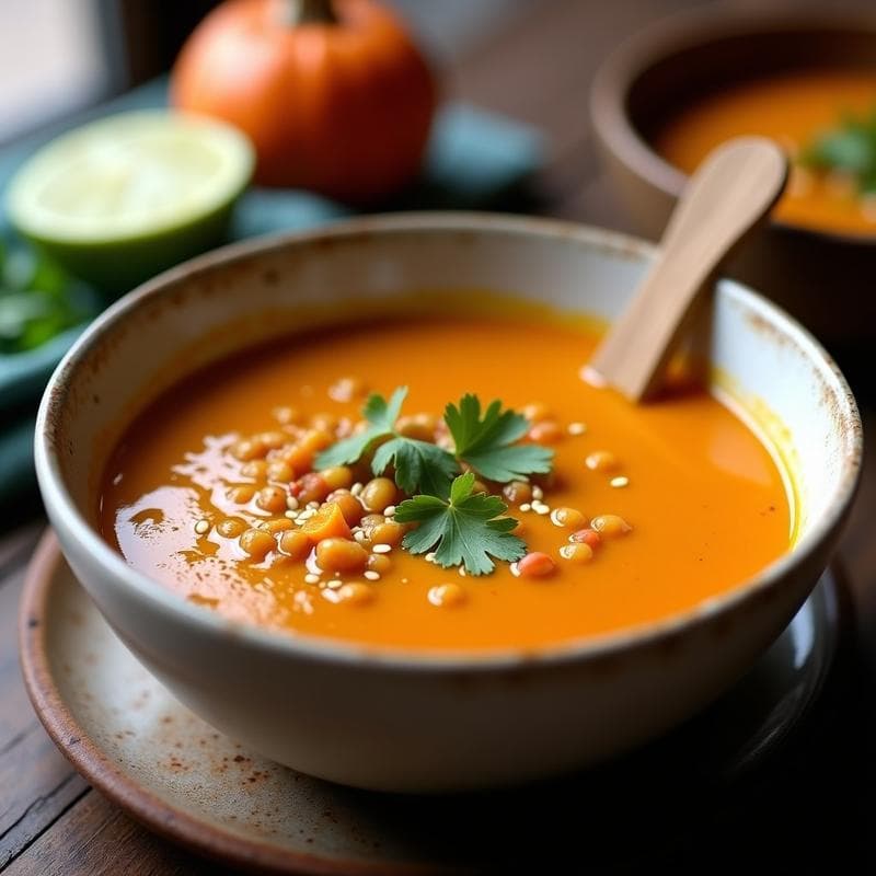 Sopa de Lentejas Rojas y Calabaza Kabocha: Receta en Olla Exprés Vegana y Reconfortante