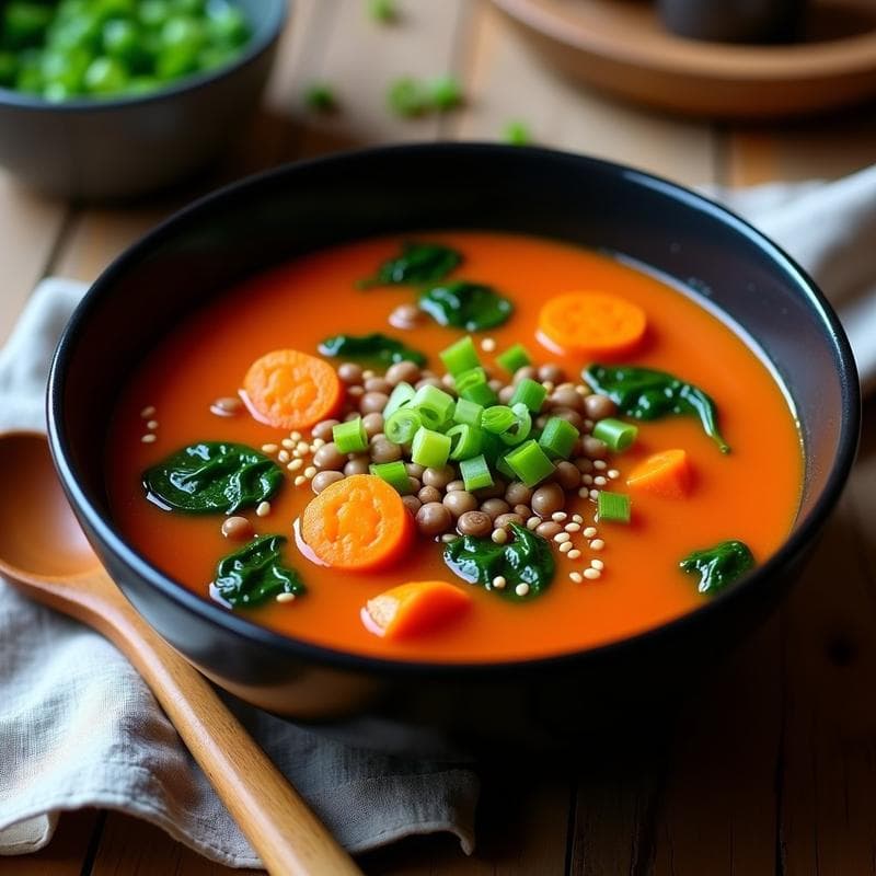 Sopa de Lentejas Rojas y Kochujang con Espinacas: Receta Coreana Picante en Olla Lenta
