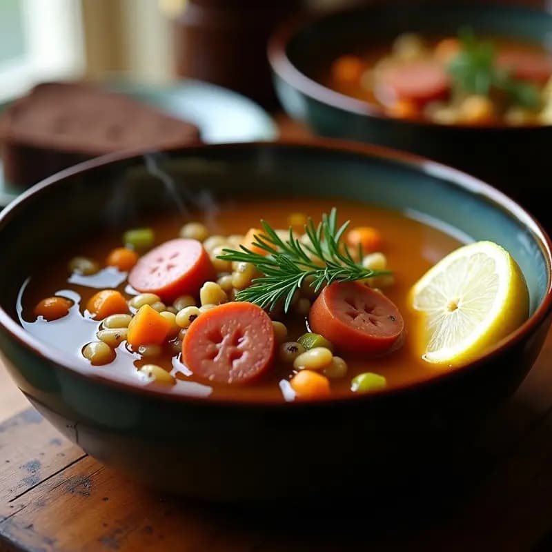 Sopa Lentschki con Salchichas Veganas y Limón: Receta Ucraniana Reconfortante en Olla Exprés