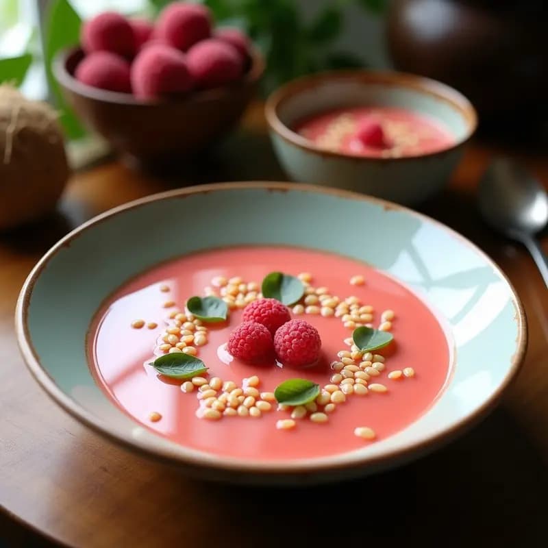 Sopa de Lichi y Rosa con Esferas de Agua de Coco y Semillas de Chía