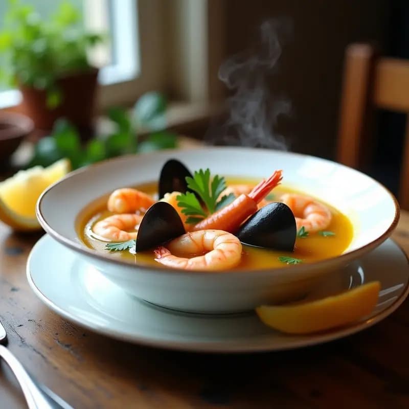 Sopa de Mariscos Gallega: Caldo de Pescado con Mejillones, Gambas y Calamares