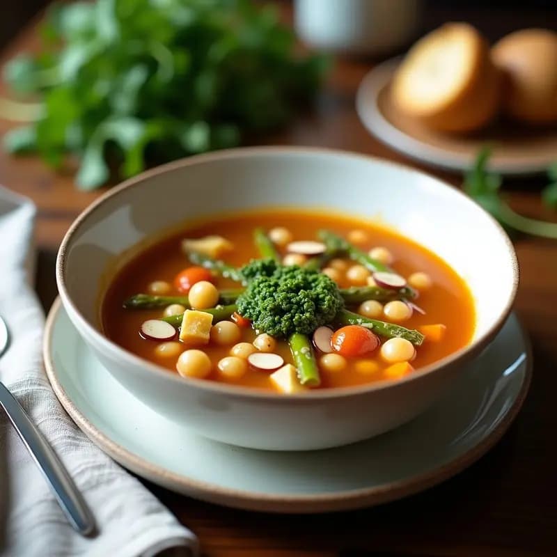 Sopa Minestrone con Espárragos Blancos y Pesto de Rúcula: Receta Italiana Primaveral
