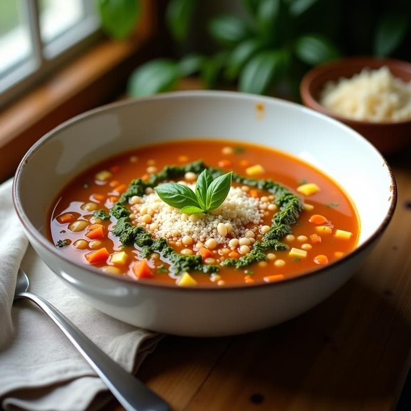 Sopa Minestrone de Espelta: Receta Italiana en Thermomix con Pesto de Albahaca y Piñones