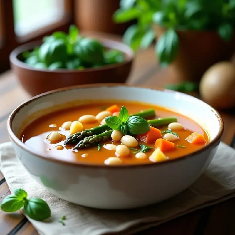 Sopa Minestrone con Frijoles Canellini y Espárragos: Receta Italiana Ligera y Vegana