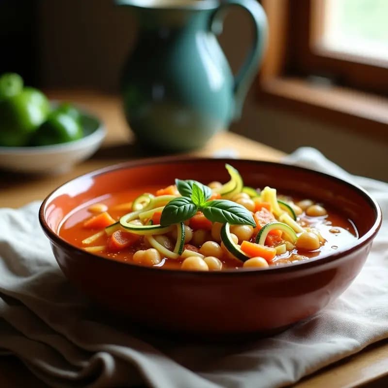 Sopa Minestrone con Garbanzos y Espaguetis de Calabacín: Receta Italiana Vegana