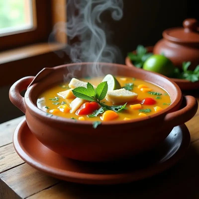 Sopa de Miscua Peruana: Caldo de Pescado con Yuca, Camote y Hierbas Aromáticas