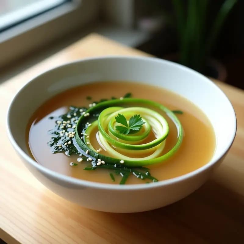 Sopa de Miso con Fideos de Calabacín y Algas Wakame: Receta Detox en Espiral Visual