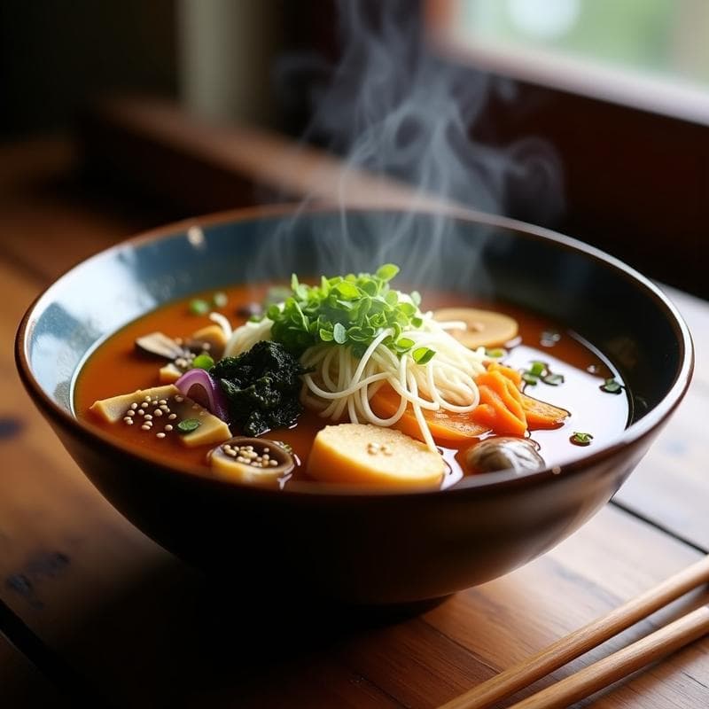 Sopa Miso Ramen Vegano: Receta en Ollas Superpuestas con Umami Intenso en 25 Minutos