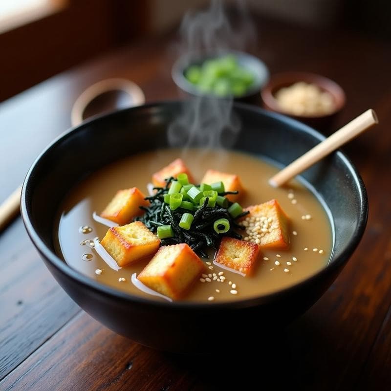 Sopa de Miso con Tofu Crujiente: Receta en Ollas Superpuestas con Dos Texturas en 20 Minutos