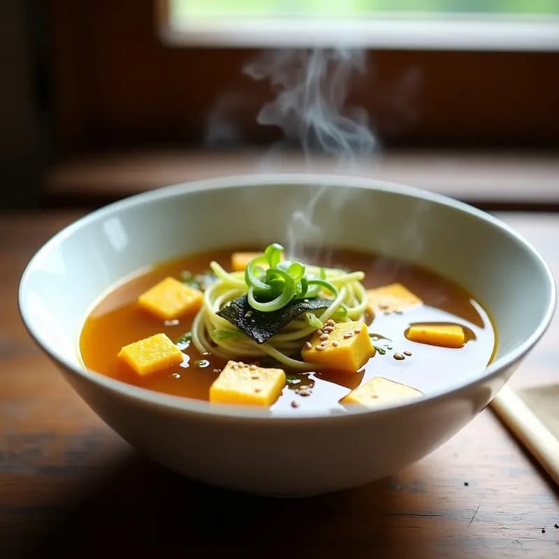Sopa de Miso con Tofu de Cúrcuma y Espaguetis de Calabacín: Receta Japonesa Vegana y Depurativa