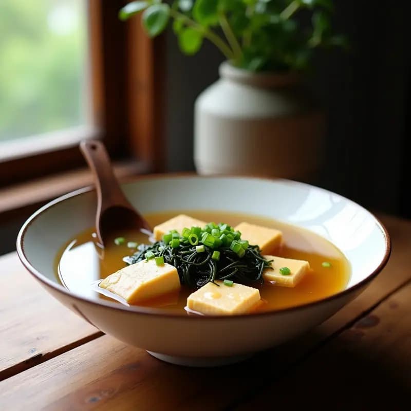 Sopa de Misoshiru con Tofu Ahumado y Algas Wakame: Desayuno Japonés Detox