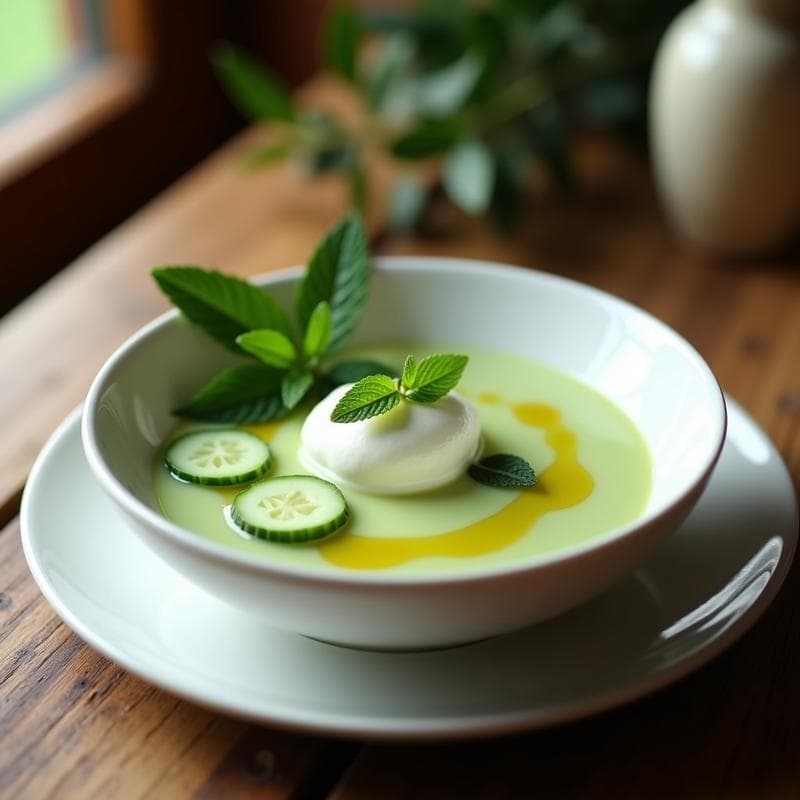 Sopa de Pepino y Mentira con Helado de Yogur: Gazpacho Griego Innovador