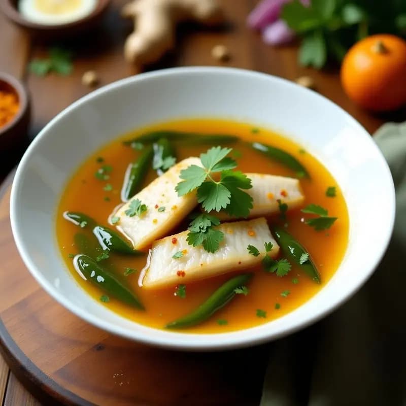 Sopa de Pescado con Hojas de Mostaza y Tamarindo: Receta Bengalí Sin Lácteos