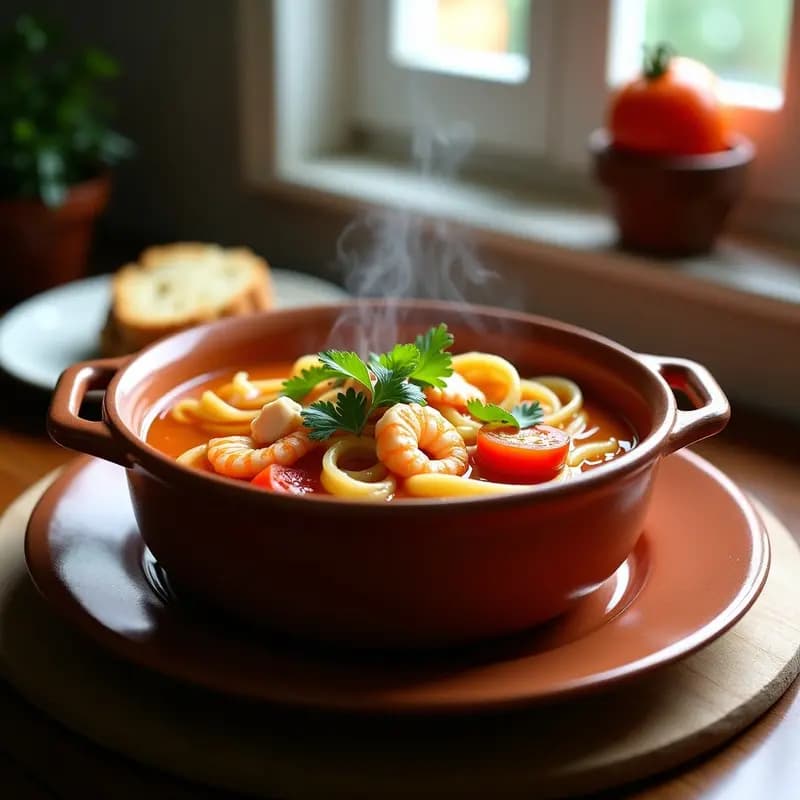 Sopa de pescado malagueña con fideos gruesos: Receta costera con rape, merluza y gambas
