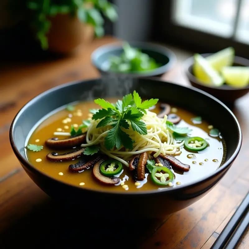 Sopa de Phở con Champiñones Portobello y Germinados de Alfalfa: Versión Vegana