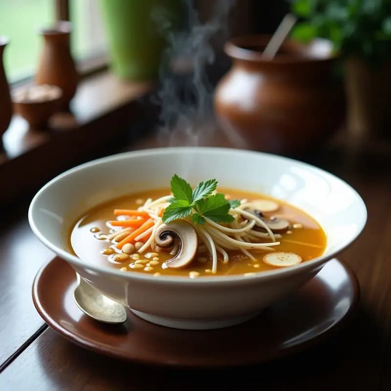 Sopa de Pho con Hongos Shiitake y Fideos de Arroz Integral: Versión Vegana Vietnamita