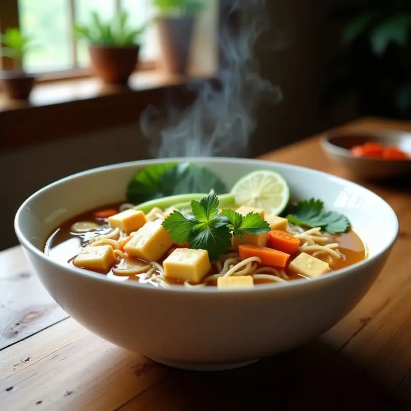 Sopa de Phở Vegana: Fideos de Arroz con Tofu y Brotes de Bambú