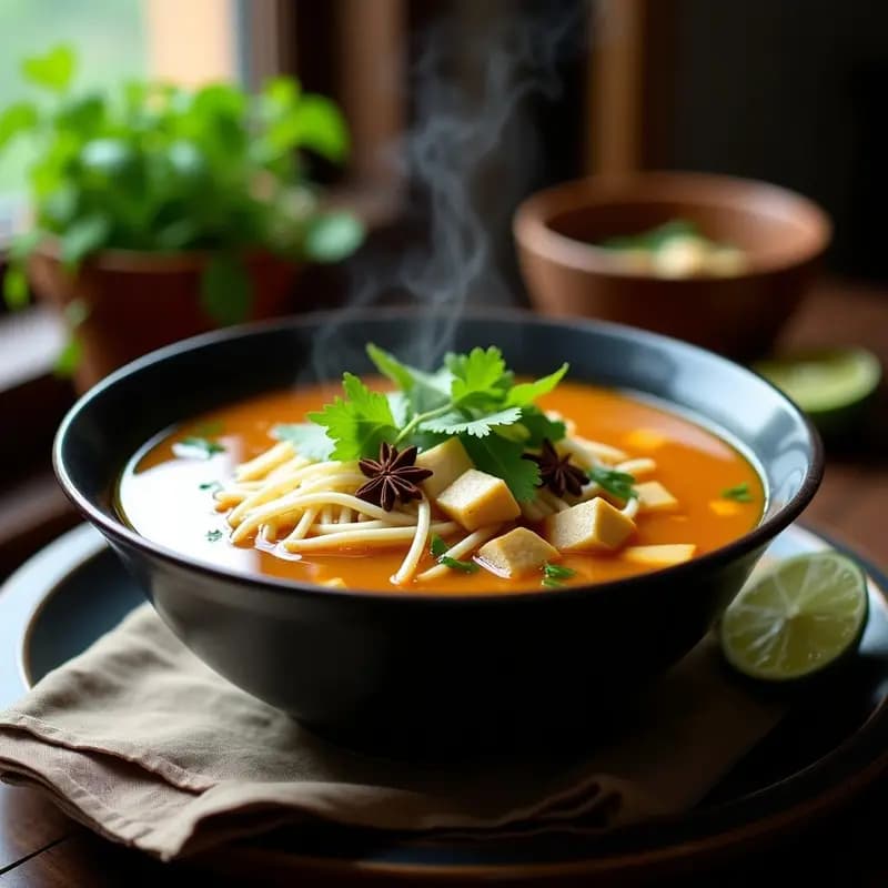 Sopa de Pho Vegana con Since de Tofu: Receta Vietnamita con Especias Aromáticas