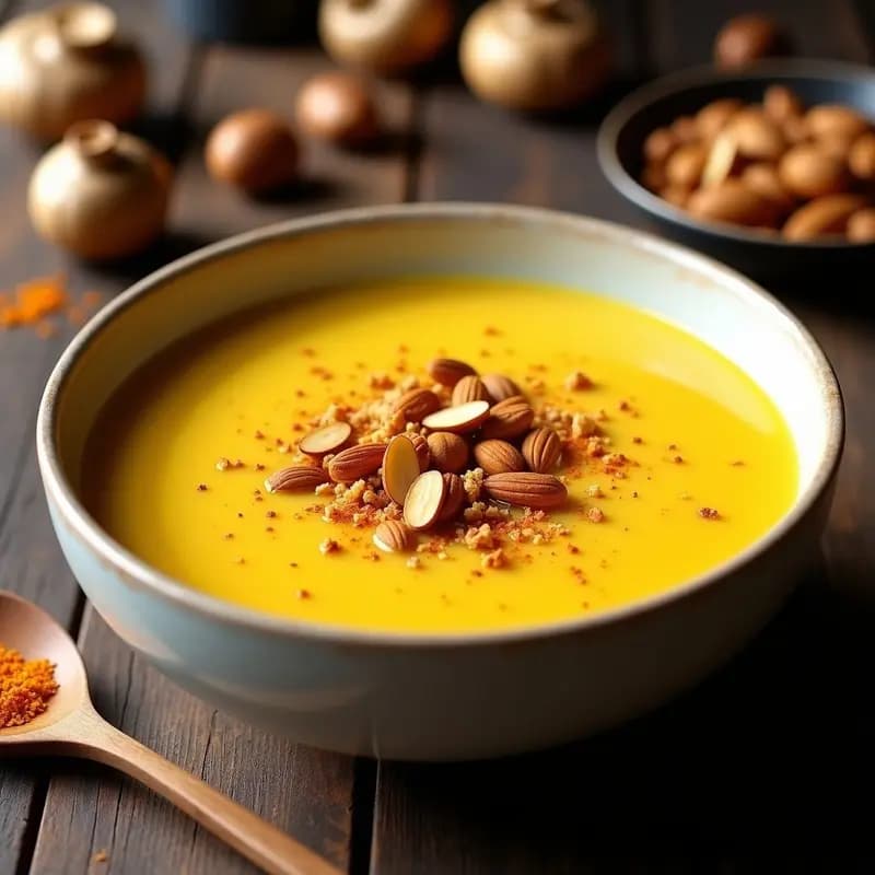 Sopa de cogumelos Portobello y Azafrán con Crumble de Almendras: Receta Vegana en Olla Express