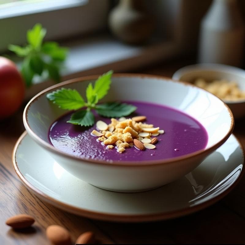 Sopa de Puerro y Patata Morada con Crumble de Almendras: Receta en Thermomix Sin Lácteos
