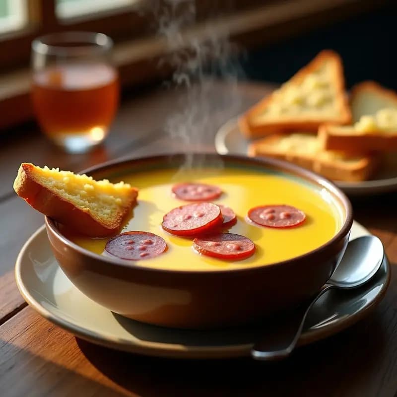 Sopa de Queso con Salchichas, Patatas Fritas y Pan Tostado: Comfort Food en un Bol