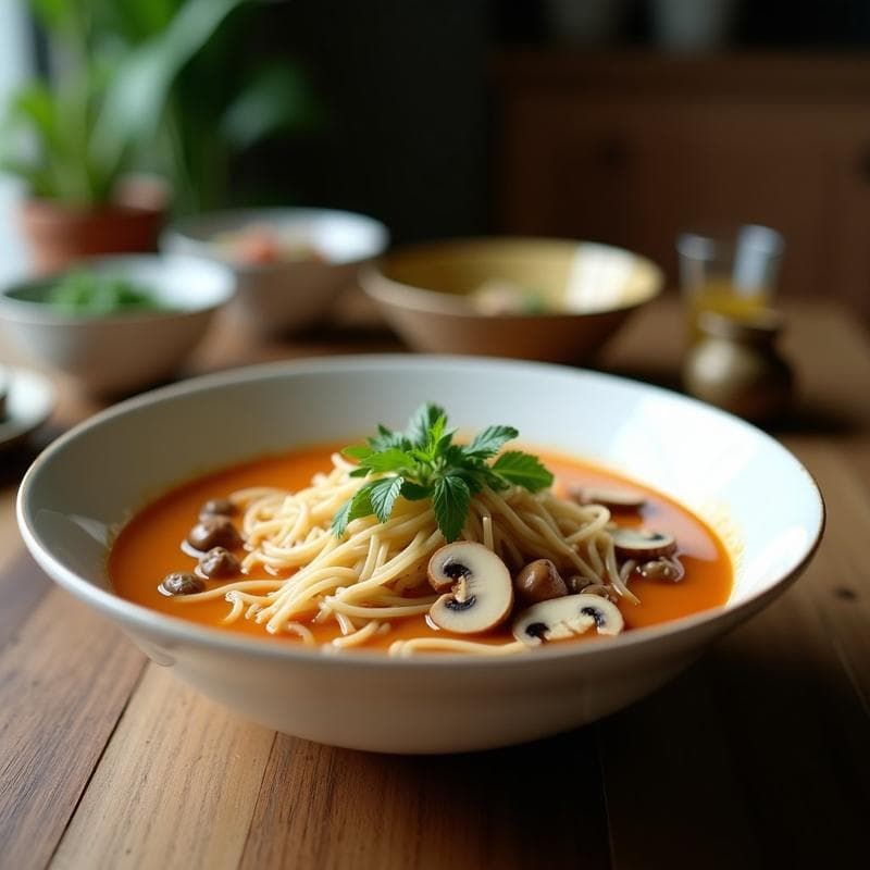 Sopa Thai de Fideos de Arroz y Champiñones: Receta Express con Leche de Coco y Lemongrass