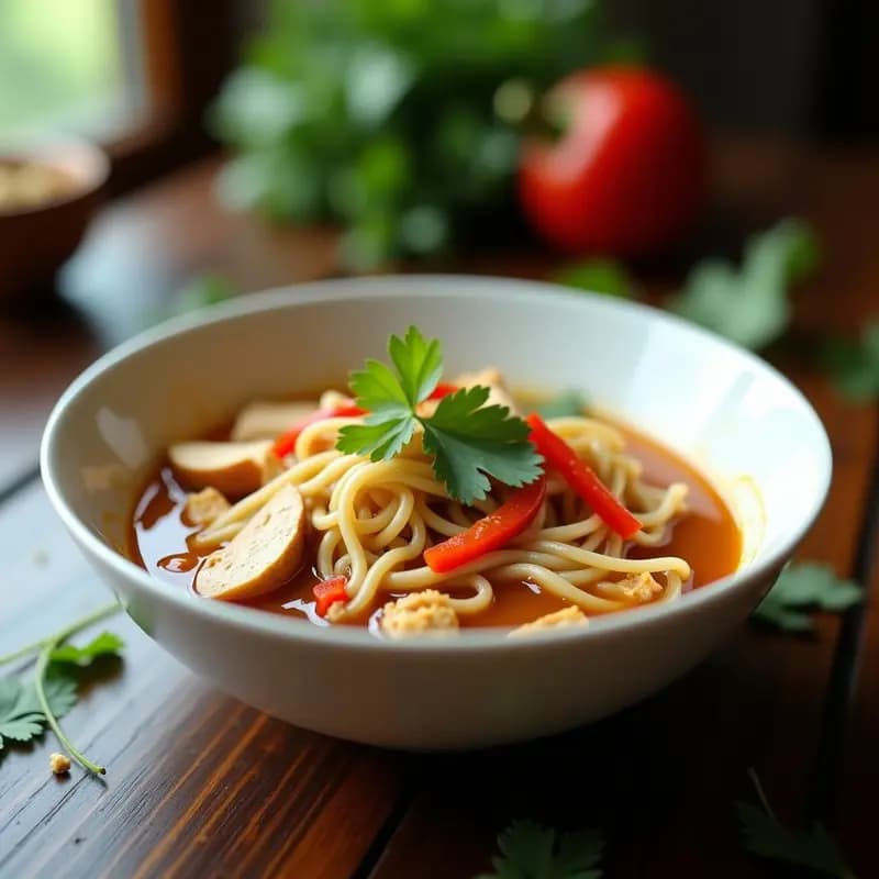 Sopa Thai de Fideos de Arroz con Pollo y Salsa de Cacahuete: Receta Fácil en 25 Minutos