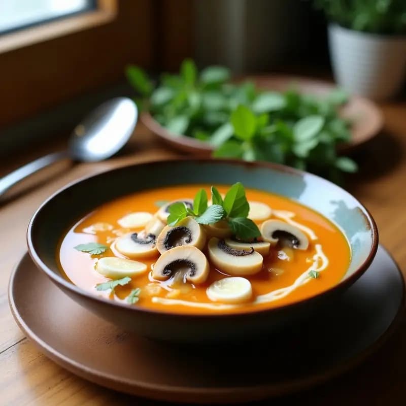 Sopa de Tom Kha Gai Vegana: Caldo Tailandés de Coco y Galanga con Champiñones
