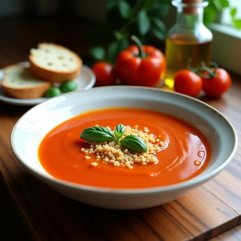 Sopa de Tomate Ahumado y Albahaca con Crujiente de Quinoa: Receta en Olla Express Vegana y Sin Lácteos