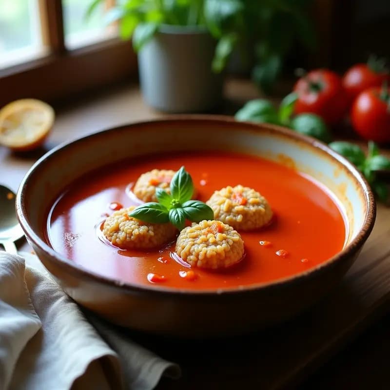 Sopa de Tomate y Albahaca con Albóndigas de Arroz y Queso: Receta Italiana de Aprovecho