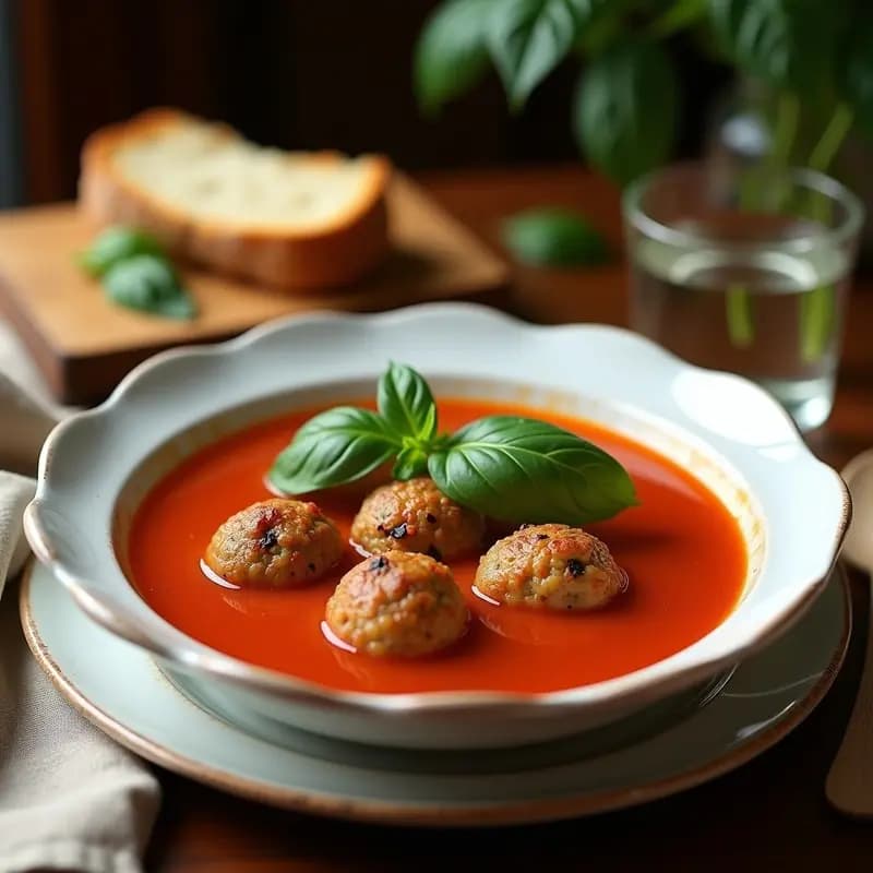 Sopa de Tomate y Albahaca con Albóndigas de Berenjena: Receta Italiana Vegana y Sin Lácteos