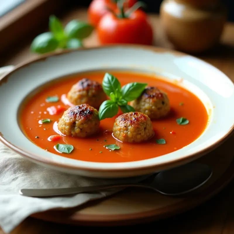 Sopa de Tomate y Albahaca con Albóndigas de Lentejas: Receta Italiana Ligera y Proteica