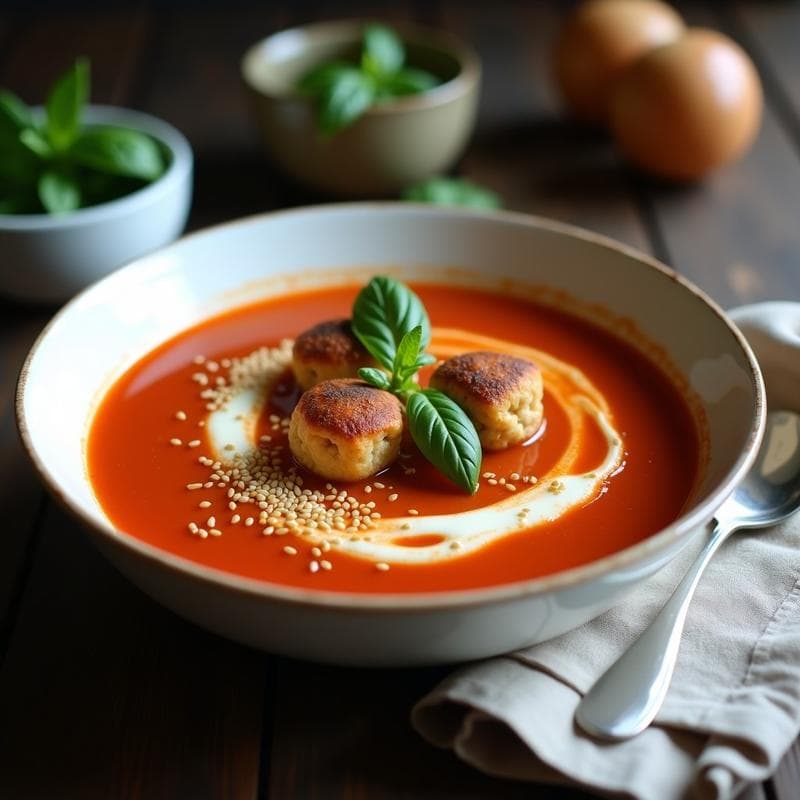 Sopa de Tomate y Albahaca con Albóndigas de Tofu y Queso de Anacardos: Receta Vegana y Alta en Proteína
