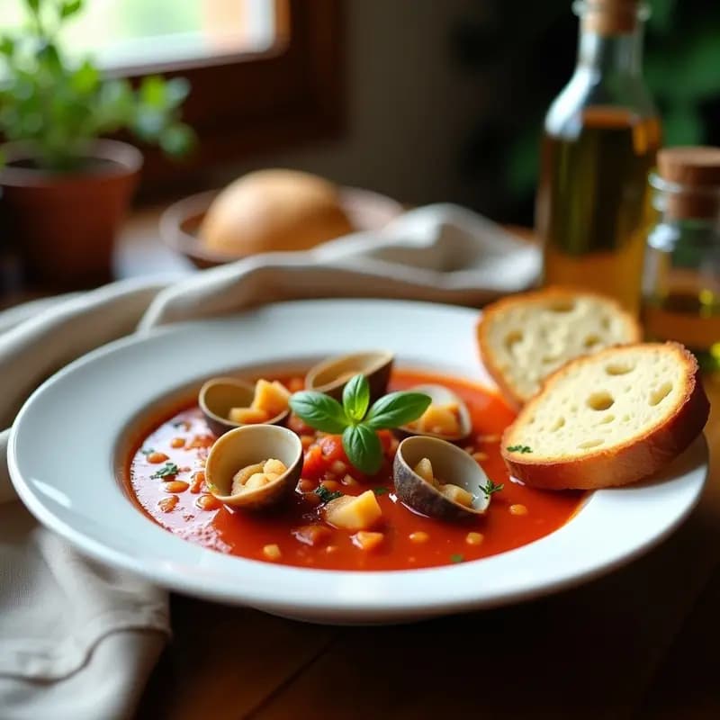 Sopa de Tomate y Albahaca con Almejas y Pan Toscan: Receta Italiana de la Costa