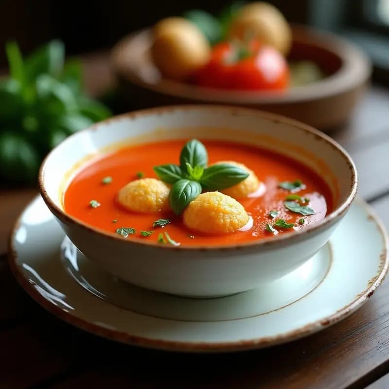 Sopa de Tomate y Albahaca con Bolas de Mozambique: Receta Italiana con Toque Africano