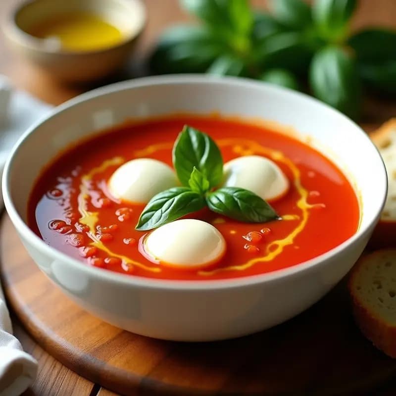 Sopa de Tomato y Albahaca con Bolas de Mozzarella Vegana: Receta Italiana Refrescante