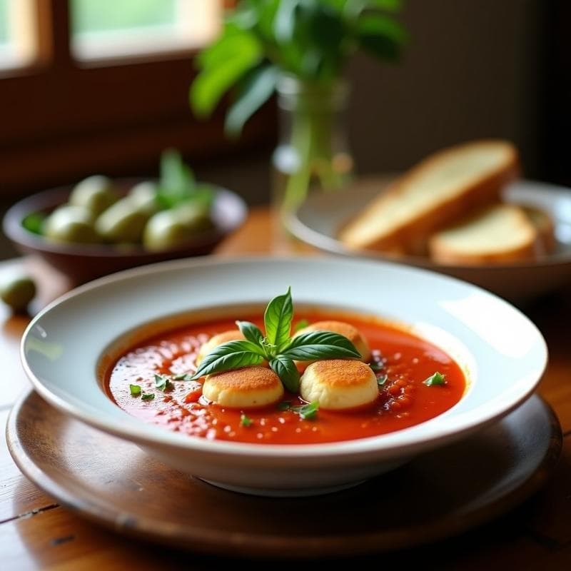 Sopa de Tomate y Albahaca con Bolas de Queso Fresco: Receta Italiana Tradicional