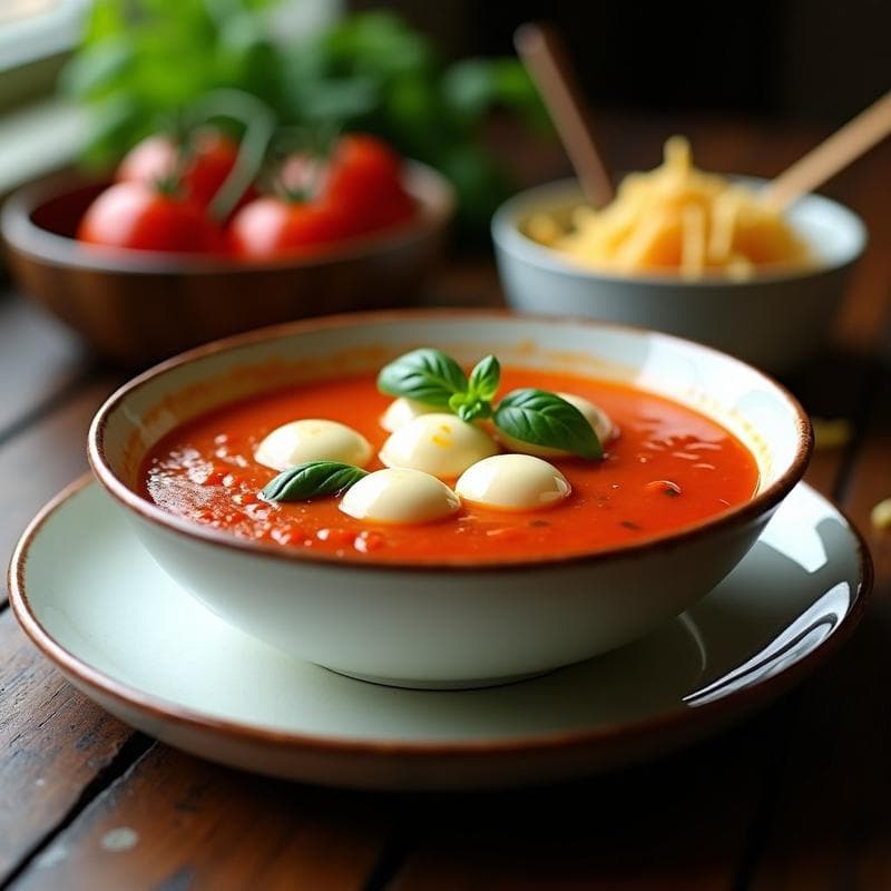 Sopa de Tomate y Albahaca con Bolitas de Mozzarella Vegana: Receta Italiana en Olla Rápida
