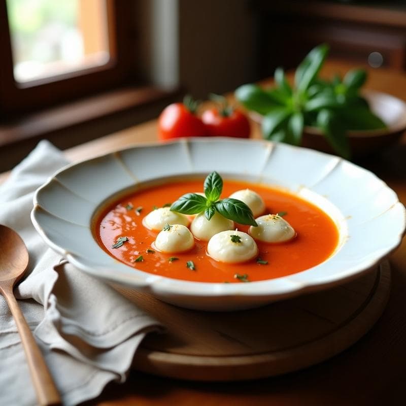 Sopa de Tomate y Albahaca con Bolitas de Queso de Búfala: Receta Italiana Reconfortante