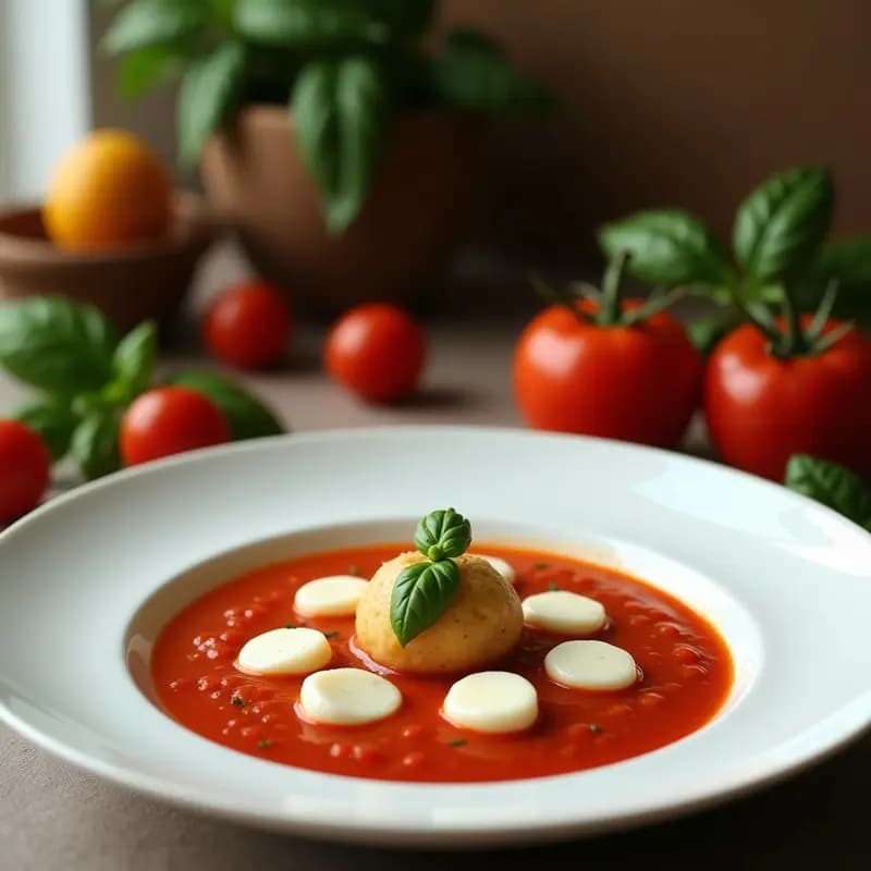 Sopa de Tomate y Albahaca con Boltons de Queso Mozzarella: Receta Italiana Cremosa