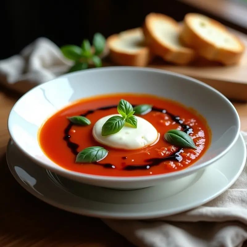 Sopa de Tomate y Albahaca con Bocados de Burrata: Receta Italiana Cremosa y Elegante