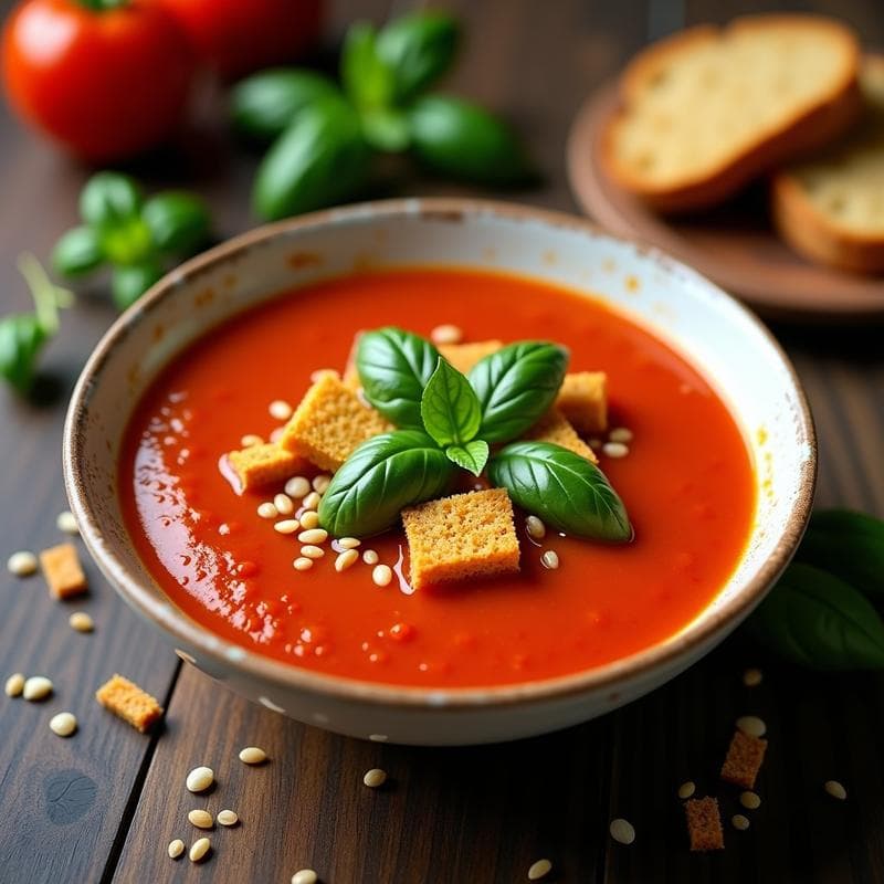 Sopa de Tomate y Albahaca con Croutons de Quinoa: Receta Vegana Sin Gluten y Reconfortante