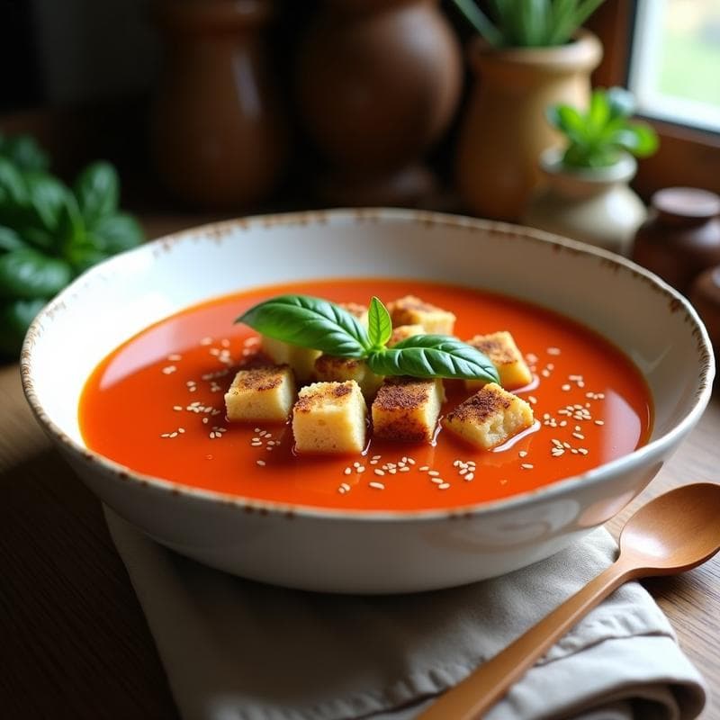 Sopa de Tomate y Albahaca con Crutones de Pan de Centeno: Receta Italiana Sin Lácteos
