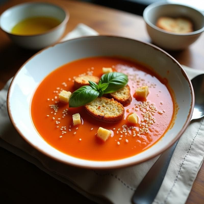 Sopa de Tomate y Albahaca con Crutones de Pan de Garbanzo: Receta Keto y Sin Lactosa